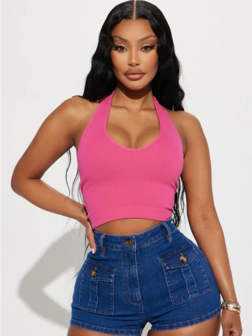 Pink Halter Ribbed Crop Top - Womens